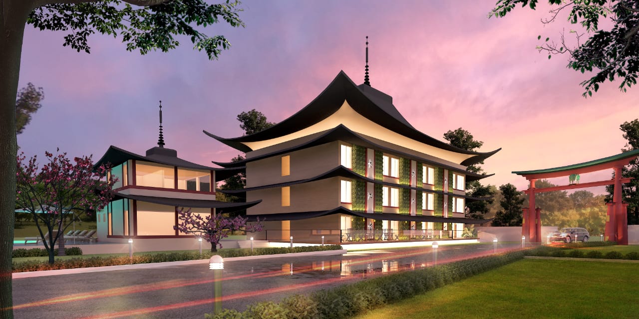 Pagoda-roof clubhouse at twilight — SUKI-NIHON Alibaug